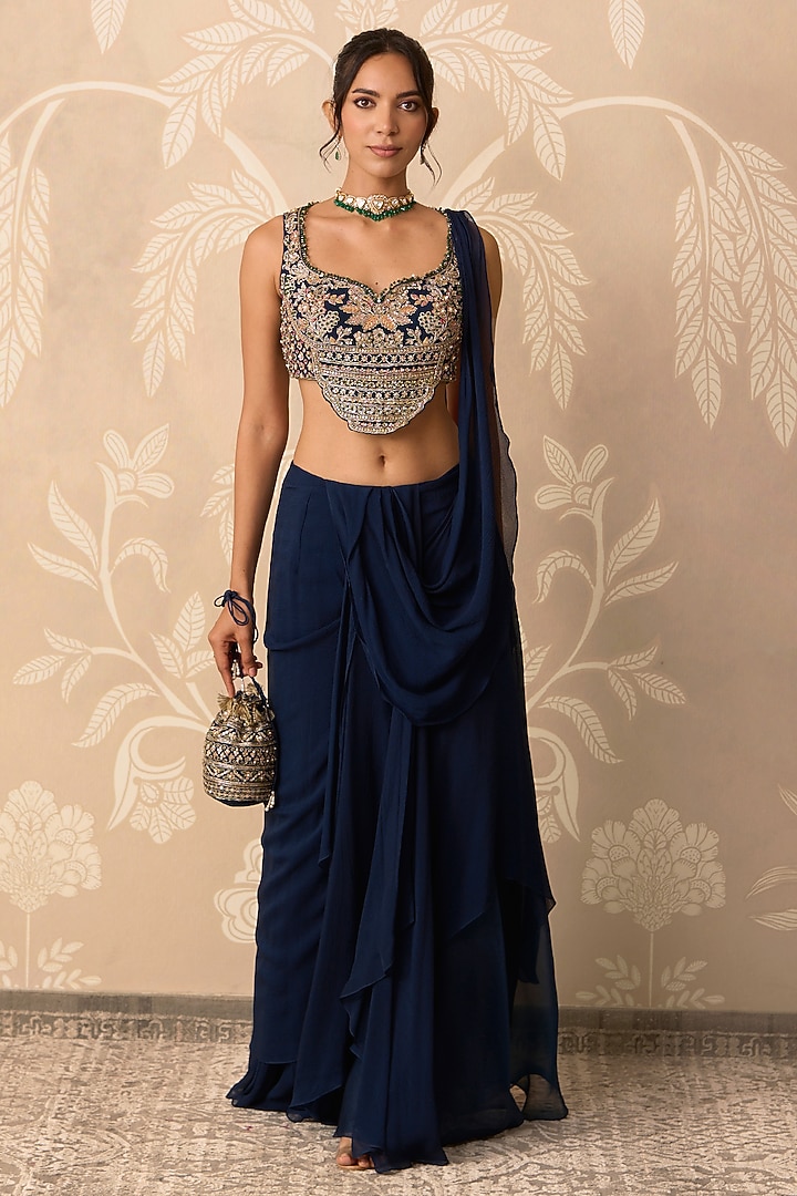 Navy Blue Chiffon Draped Reception Saree Set by Ridhi Mehra at Pernia's Pop Up Shop