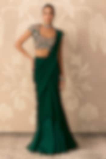 Emerald Green Organza & Chiffon Draped Reception Saree Set by Ridhi Mehra at Pernia's Pop Up Shop
