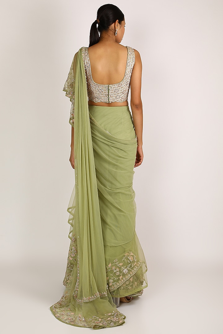 Mint Green Net Ruffled Bridal Saree Set by Ridhi Mehra at Pernia's Pop Up Shop