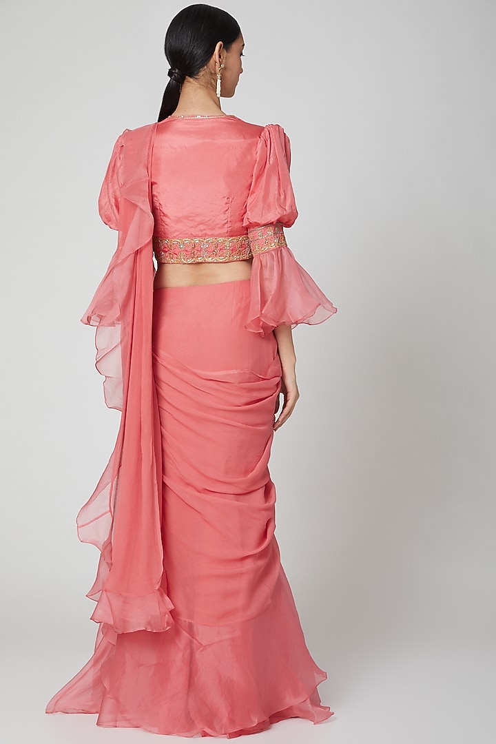 Coral Ruffled & Embroidered Wedding Saree Set by Ridhi Mehra at Pernia's Pop Up Shop