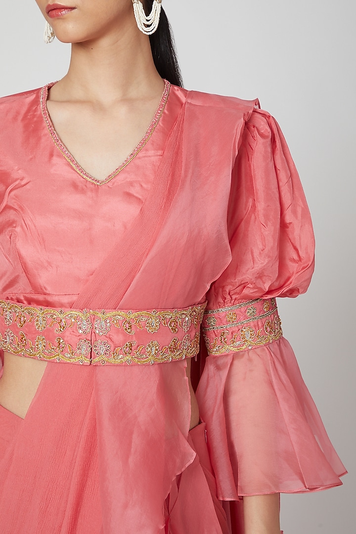 Coral Ruffled & Embroidered Wedding Saree Set by Ridhi Mehra at Pernia's Pop Up Shop