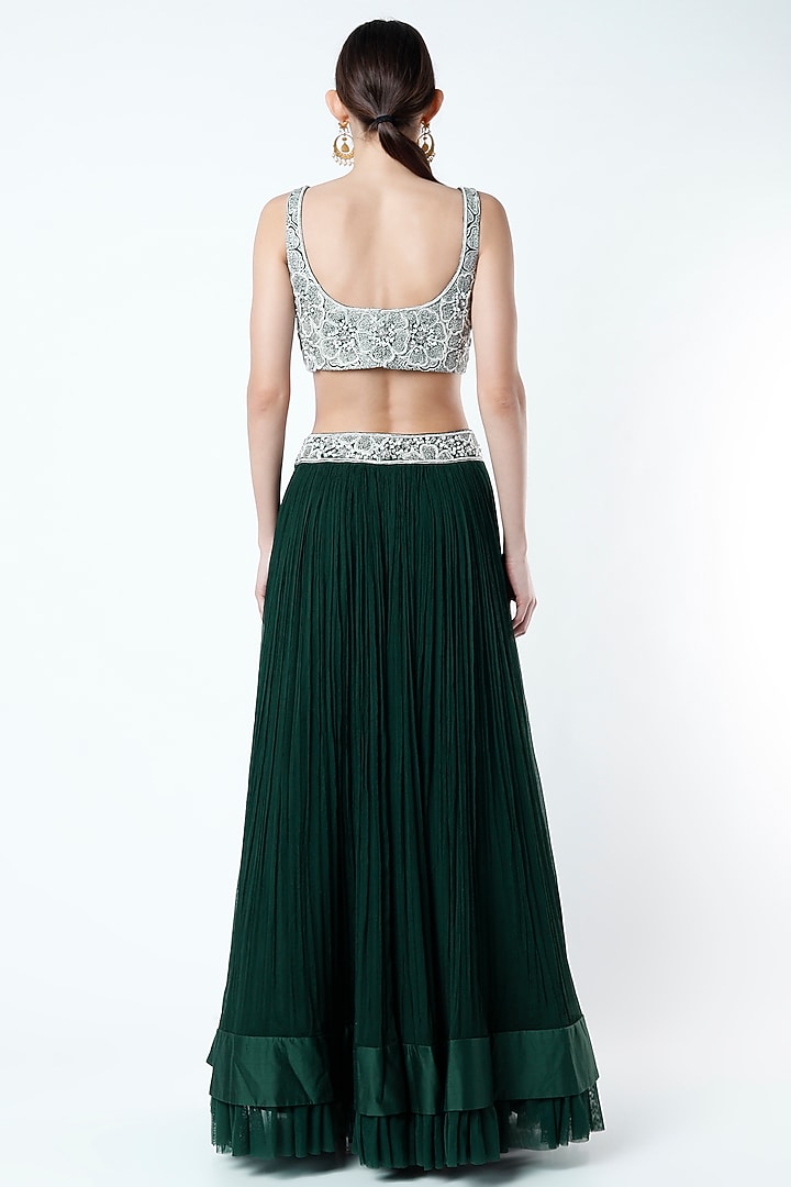Emerald Green Chiffon Ruched Wedding Lehenga Set by Ridhi Mehra at Pernia's Pop Up Shop