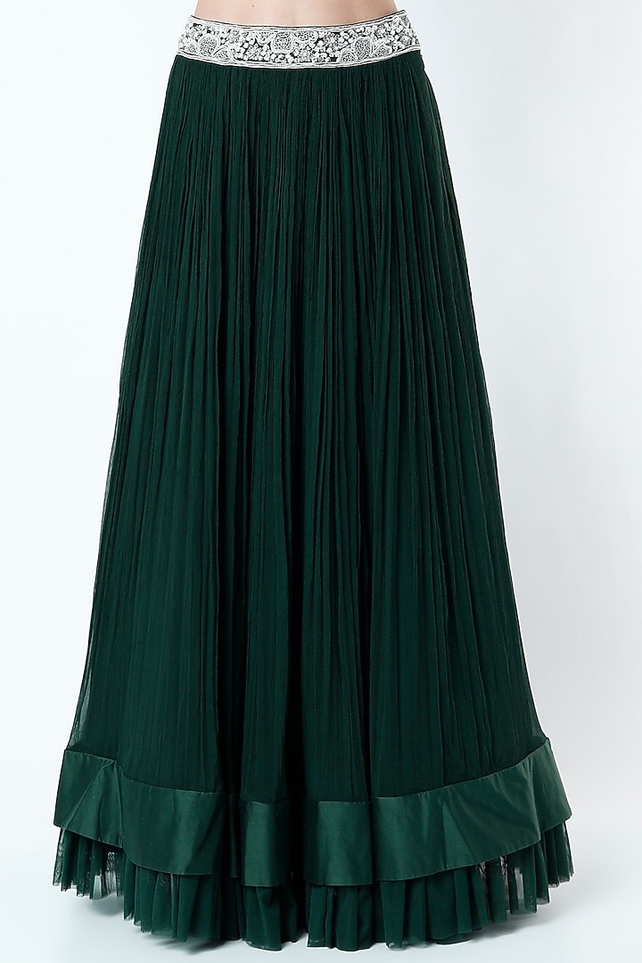 Emerald Green Chiffon Ruched Wedding Lehenga Set by Ridhi Mehra at Pernia's Pop Up Shop