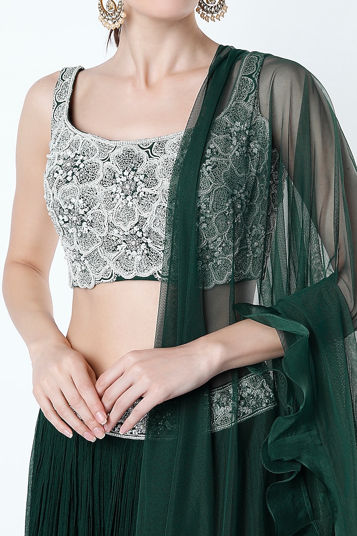 Emerald Green Chiffon Ruched Wedding Lehenga Set by Ridhi Mehra at Pernia's Pop Up Shop