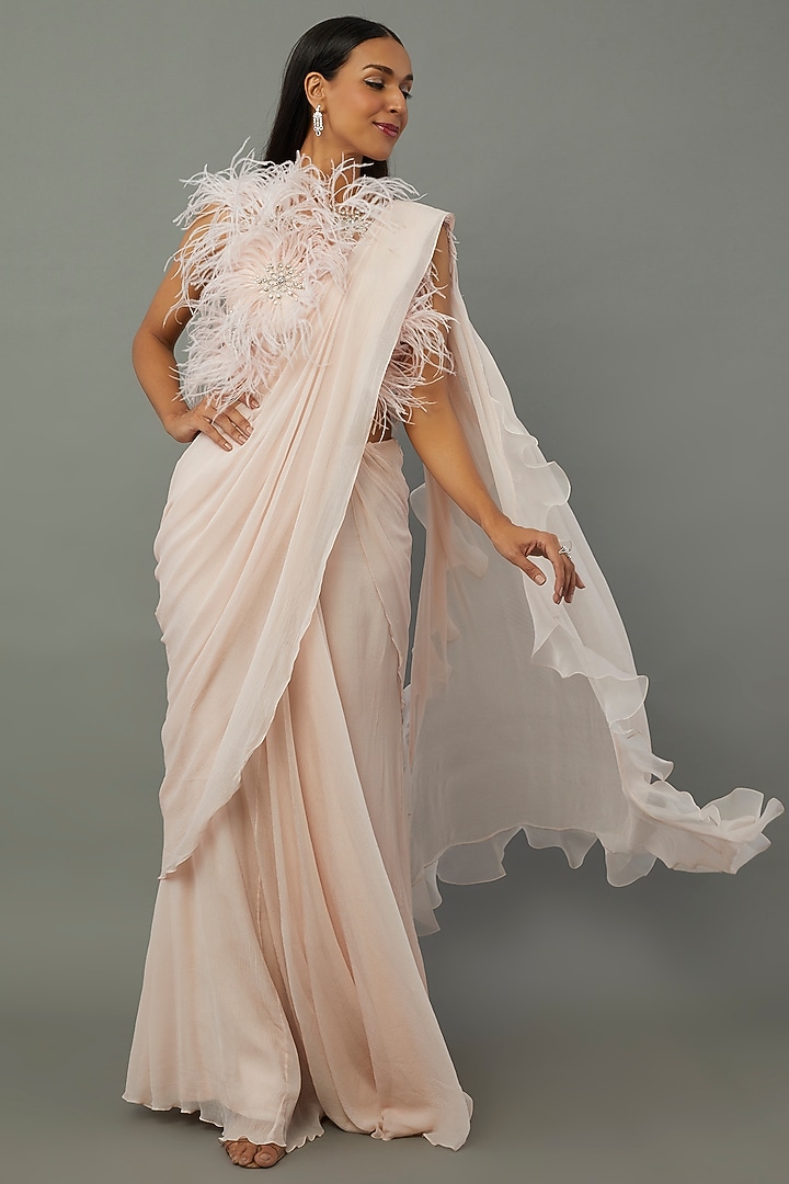 Blush Pink Chiffon Draped Reception Saree Set by Ridhi Mehra at Pernia's Pop Up Shop