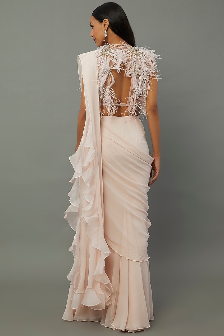 Blush Pink Chiffon Draped Reception Saree Set by Ridhi Mehra at Pernia's Pop Up Shop