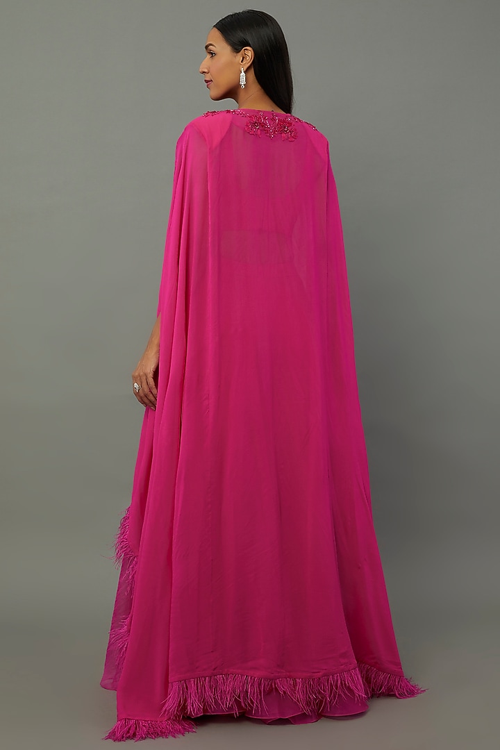 Deep Pink Chiffon Bridal Sharara Set With Cape by Ridhi Mehra at Pernia's Pop Up Shop