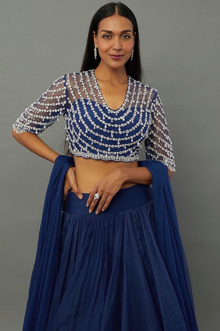 Navy Blue Chiffon Wedding Lehenga Set by Ridhi Mehra at Pernia's Pop Up Shop