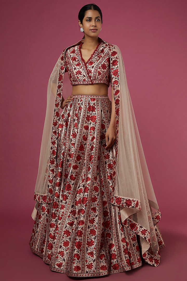 Beige & Red Printed Wedding Lehenga Set by Ridhi Mehra at Pernia's Pop Up Shop