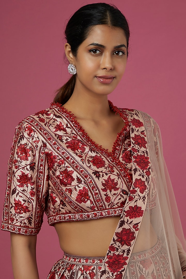 Beige & Red Printed Wedding Lehenga Set by Ridhi Mehra at Pernia's Pop Up Shop