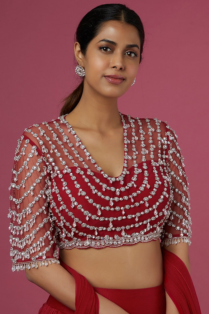 Deep Pink Chiffon Wedding Lehenga Set by Ridhi Mehra at Pernia's Pop Up Shop