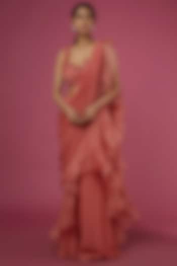 Pink Chiffon Organza Draped Saree Set by Ridhi Mehra