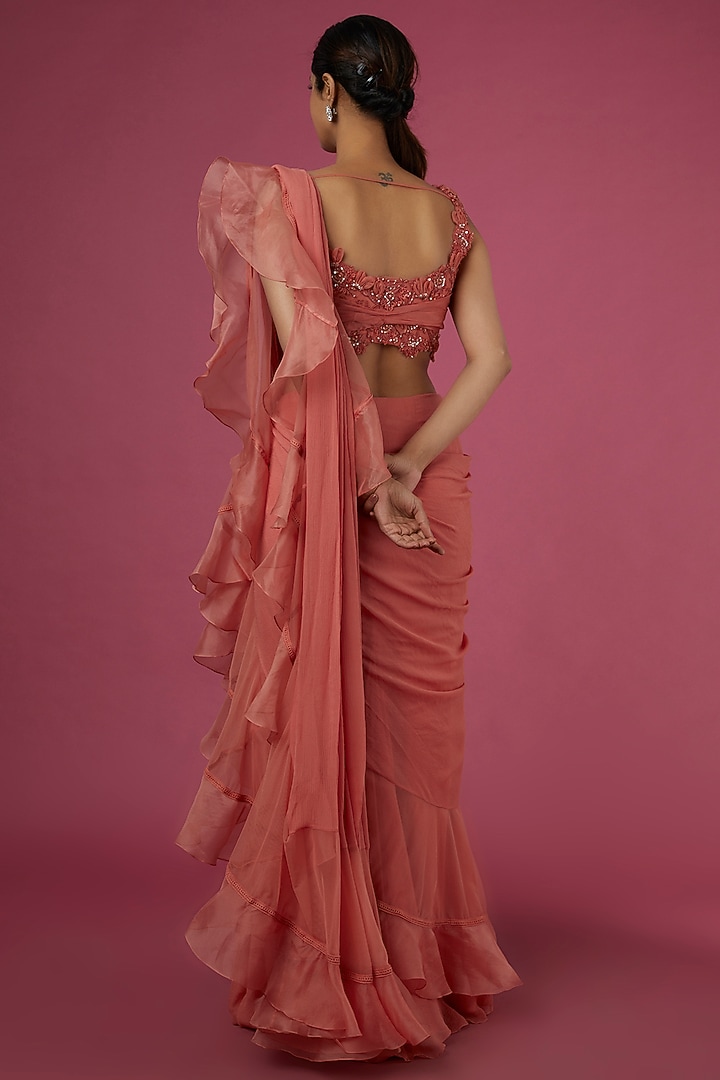 Pink Chiffon Organza Draped Reception Saree Set by Ridhi Mehra at Pernia's Pop Up Shop