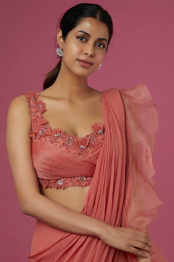 Pink Chiffon Organza Draped Reception Saree Set by Ridhi Mehra at Pernia's Pop Up Shop