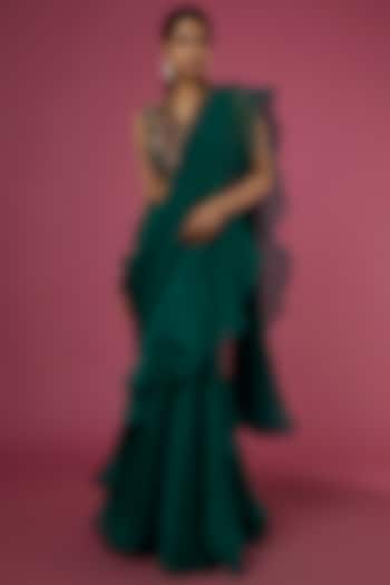 Emerald Green Chiffon Organza Draped Saree Set by Ridhi Mehra