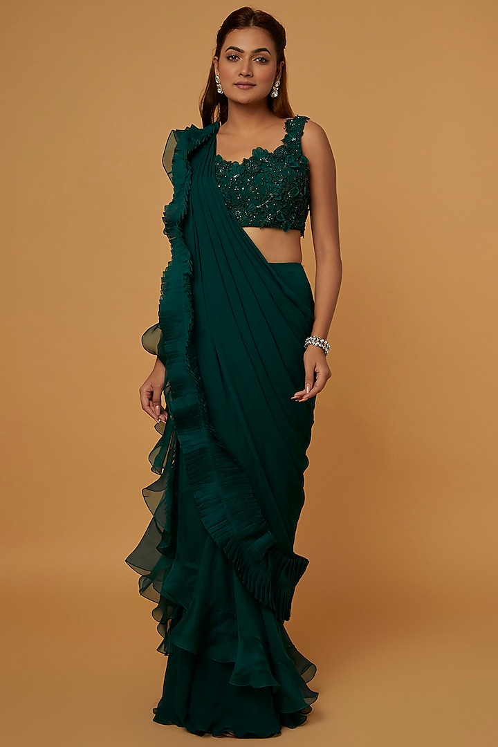Emerald Green Chiffon Organza Draped Saree Set by Ridhi Mehra