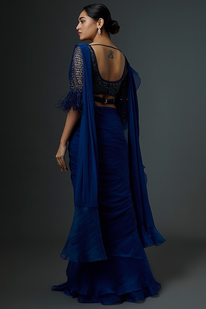 Cobalt Blue Embroidered Draped Reception Saree Set by Ridhi Mehra at Pernia's Pop Up Shop