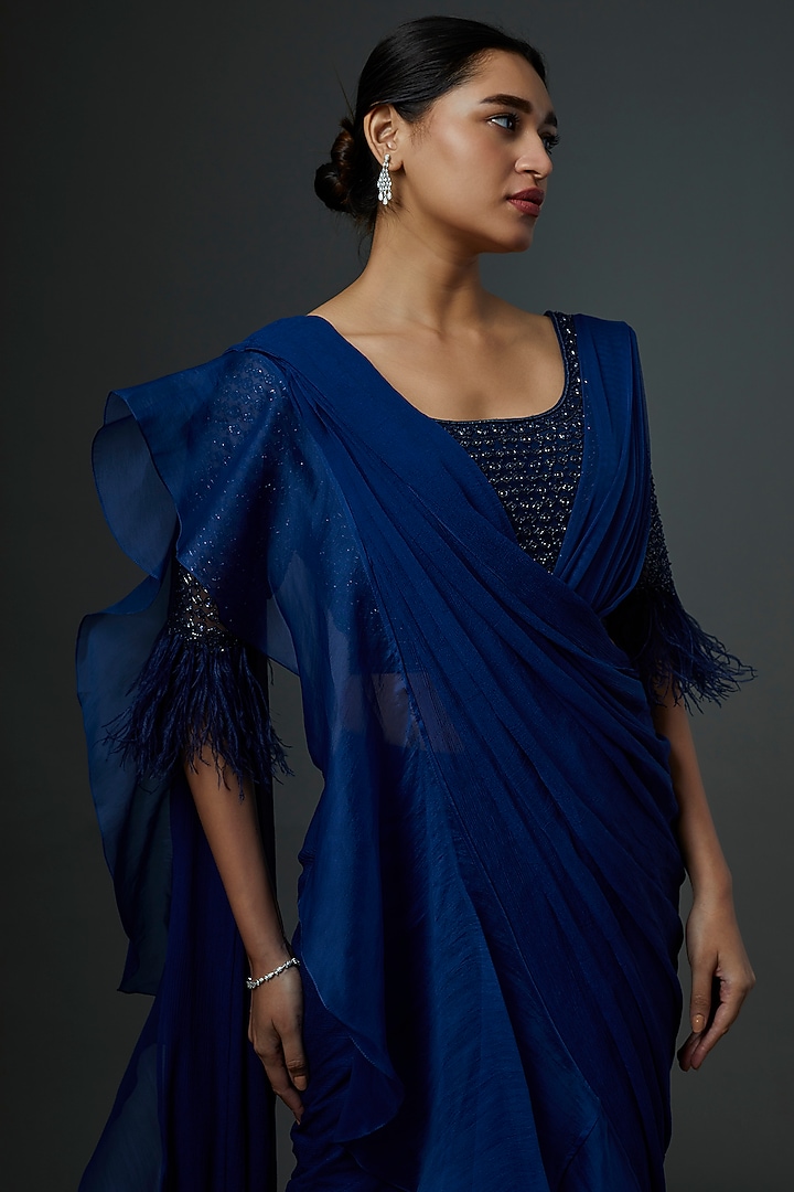 Cobalt Blue Embroidered Draped Reception Saree Set by Ridhi Mehra at Pernia's Pop Up Shop