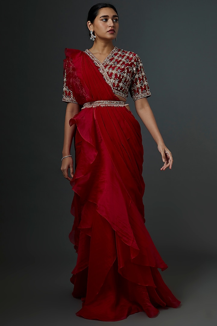 Red Chiffon Organza Draped Reception Saree Set by Ridhi Mehra at Pernia's Pop Up Shop