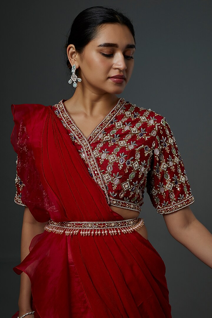 Red Chiffon Organza Draped Reception Saree Set by Ridhi Mehra at Pernia's Pop Up Shop