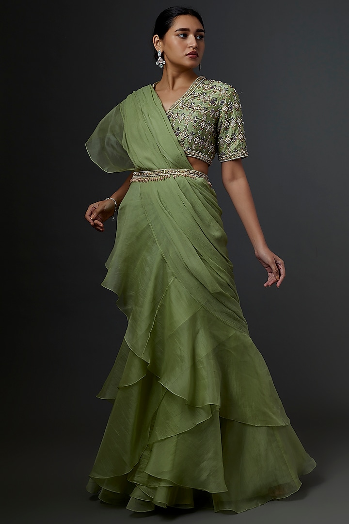 Mint Green Chiffon Organza Draped Reception Saree Set by Ridhi Mehra at Pernia's Pop Up Shop