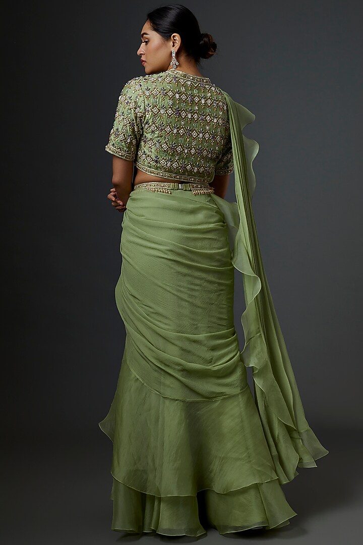 Mint Green Chiffon Organza Draped Reception Saree Set by Ridhi Mehra at Pernia's Pop Up Shop