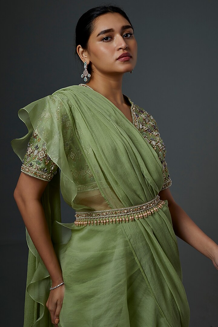 Mint Green Chiffon Organza Draped Reception Saree Set by Ridhi Mehra at Pernia's Pop Up Shop