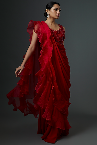 Red Chiffon & Organza Ruffled Draped Saree Set by Ridhi Mehra