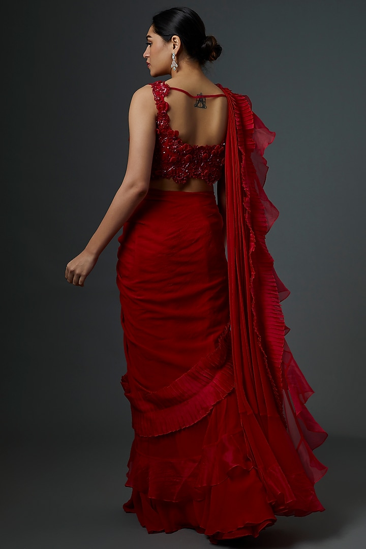 Red Chiffon & Organza Ruffled Draped Reception Saree Set by Ridhi Mehra at Pernia's Pop Up Shop