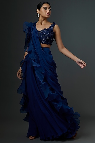 Cobalt Blue Chiffon Draped Saree Set by Ridhi Mehra