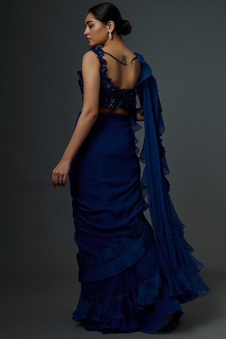Cobalt Blue Chiffon Draped Reception Saree Set by Ridhi Mehra at Pernia's Pop Up Shop