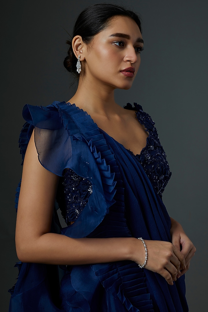 Cobalt Blue Chiffon Draped Reception Saree Set by Ridhi Mehra at Pernia's Pop Up Shop