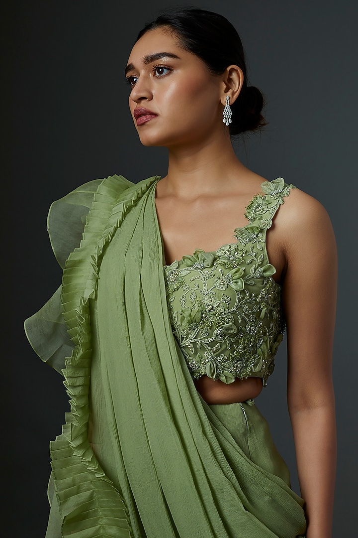 Mint Green Chiffon Draped Reception Saree Set by Ridhi Mehra at Pernia's Pop Up Shop
