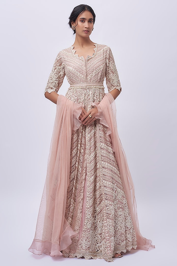 Onion Pink Organza Embroidered Anarkali Set by Ridhi Mehra at Pernia's Pop Up Shop