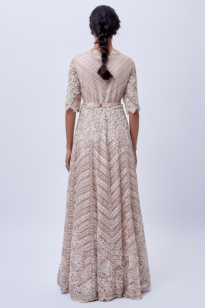 Onion Pink Organza Embroidered Bridal Anarkali Set by Ridhi Mehra at Pernia's Pop Up Shop