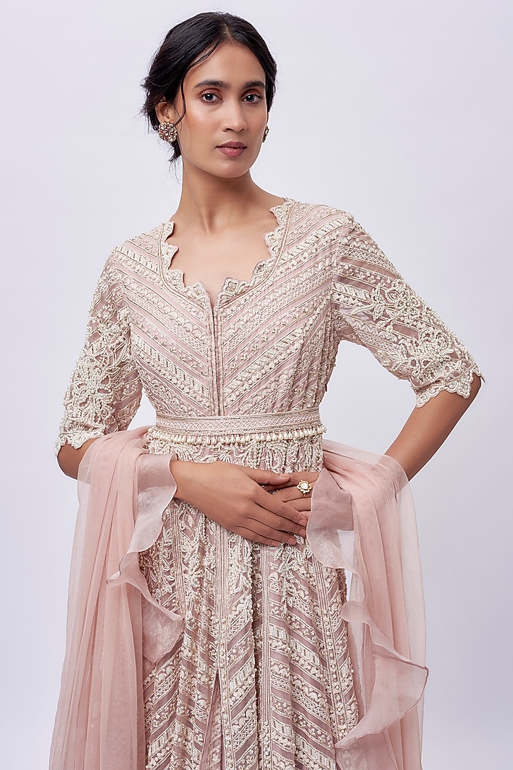Onion Pink Organza Embroidered Bridal Anarkali Set by Ridhi Mehra at Pernia's Pop Up Shop
