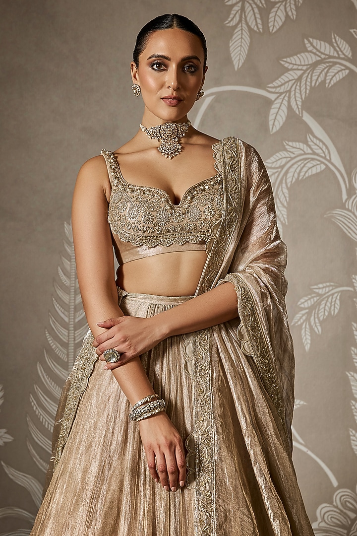 Gunmetal Gold Tissue Embroidered Bridal Lehenga Set by Ridhi Mehra at Pernia's Pop Up Shop