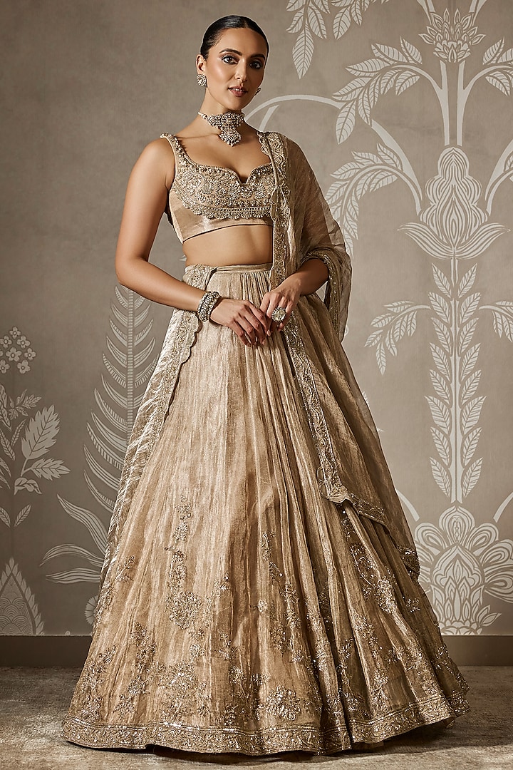 Gunmetal Gold Tissue Embroidered Bridal Lehenga Set by Ridhi Mehra at Pernia's Pop Up Shop