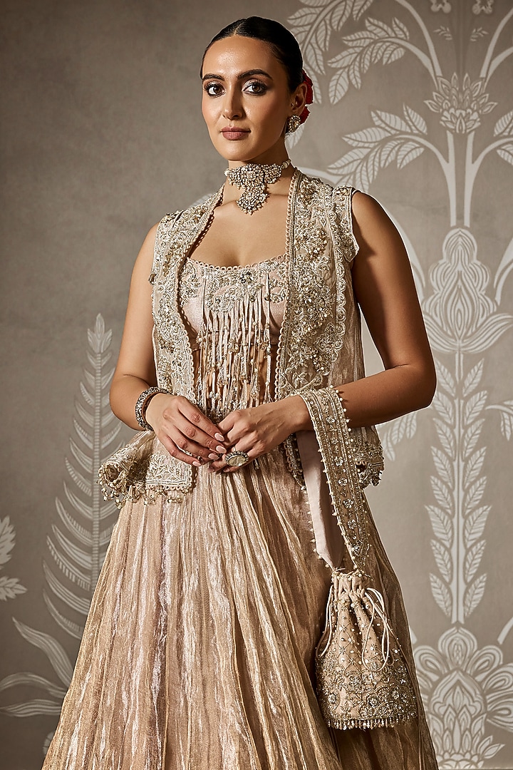 Gunmetal Gold Tissue Embroidered Jacket Wedding Lehenga Set by Ridhi Mehra at Pernia's Pop Up Shop