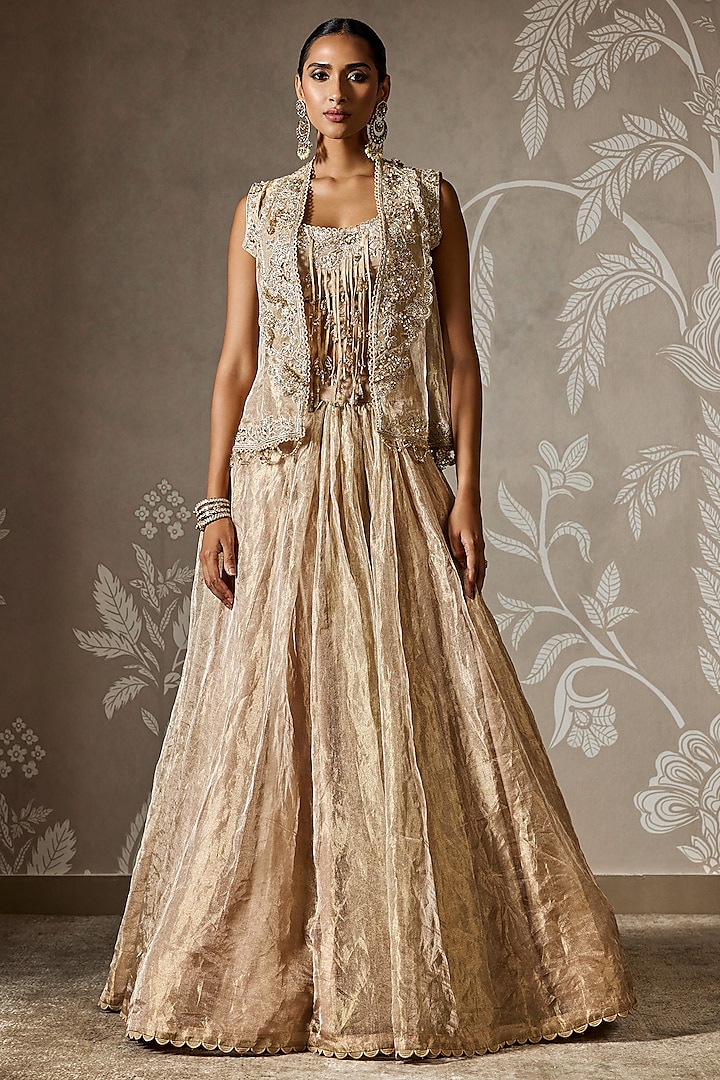 Light Gold Tissue Embroidered Jacket Wedding Lehenga Set by Ridhi Mehra at Pernia's Pop Up Shop
