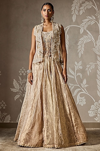 Light Gold Tissue Embroidered Jacket Lehenga Set by Ridhi Mehra
