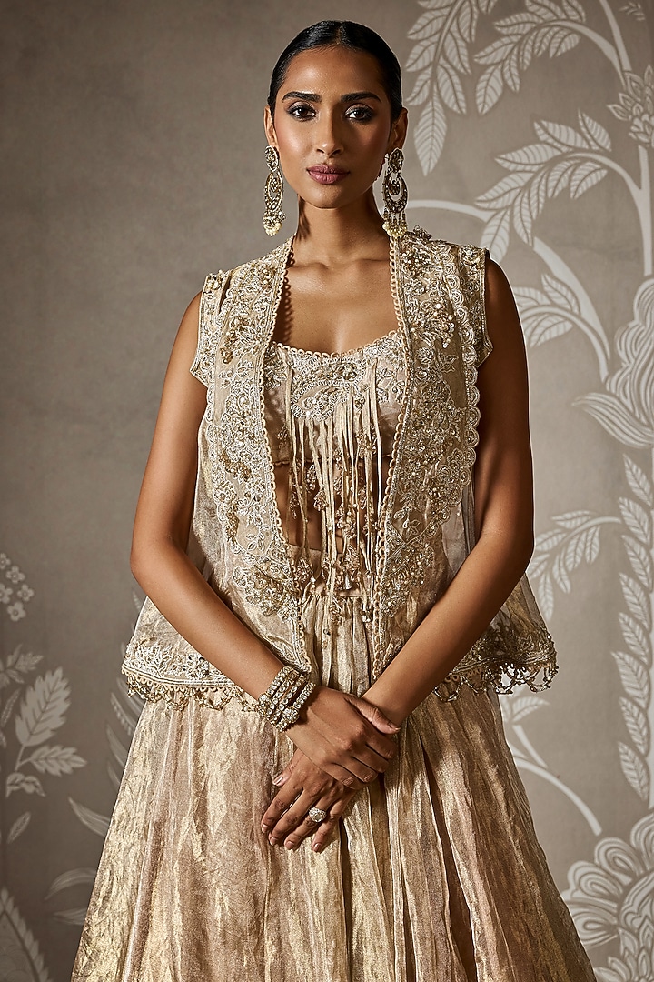 Light Gold Tissue Embroidered Jacket Wedding Lehenga Set by Ridhi Mehra at Pernia's Pop Up Shop