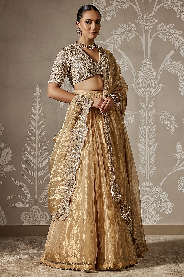 Deep Gold Tissue Bridal Lehenga Set by Ridhi Mehra at Pernia's Pop Up Shop