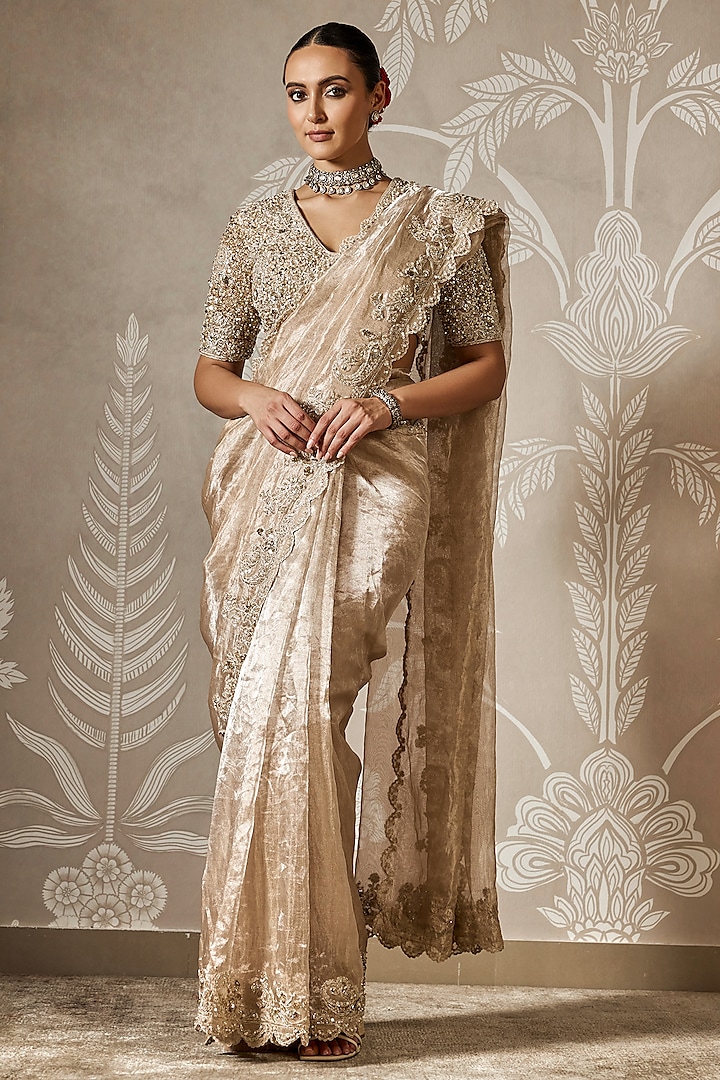 Gunmetal Gold Tissue Embroidered Saree Set by Ridhi Mehra at Pernia's Pop Up Shop