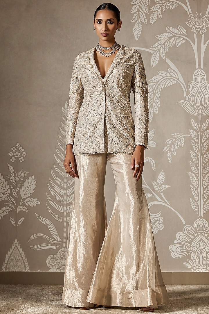 Water Gold Tissue Embroidered Jacket Set by Ridhi Mehra at Pernia's Pop Up Shop