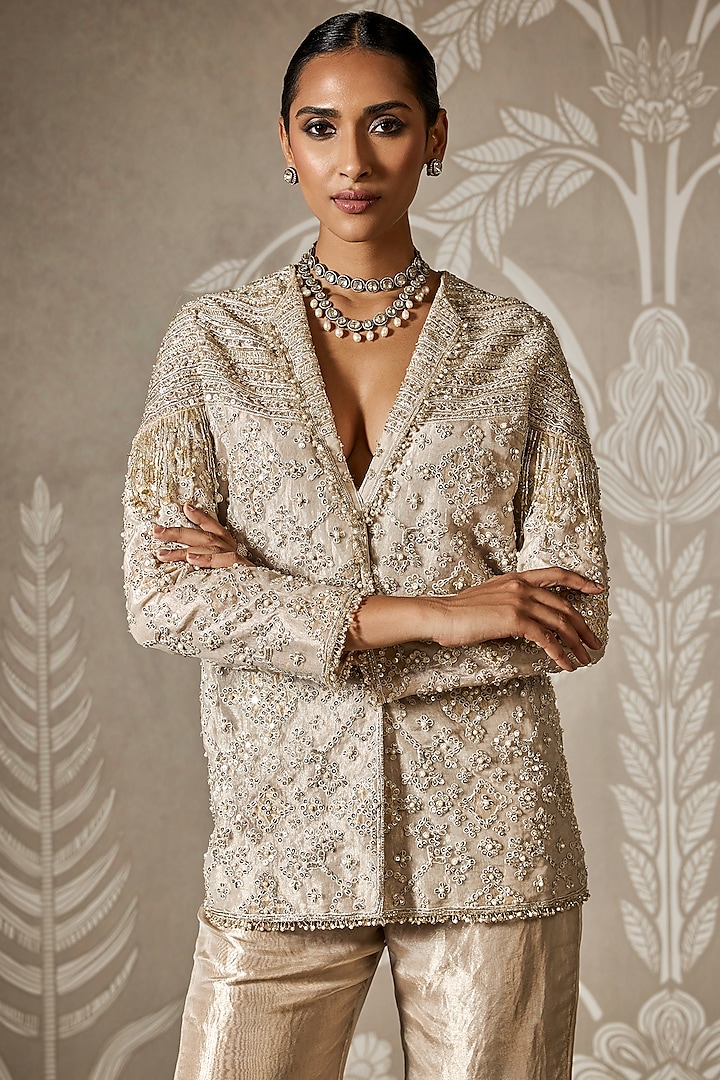 Water Gold Tissue Embroidered Jacket Set by Ridhi Mehra at Pernia's Pop Up Shop