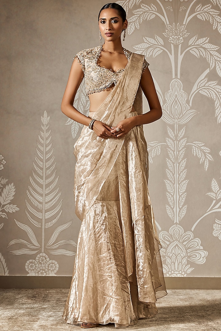 Gunmetal Gold Tissue Draped Saree Set by Ridhi Mehra at Pernia's Pop Up Shop