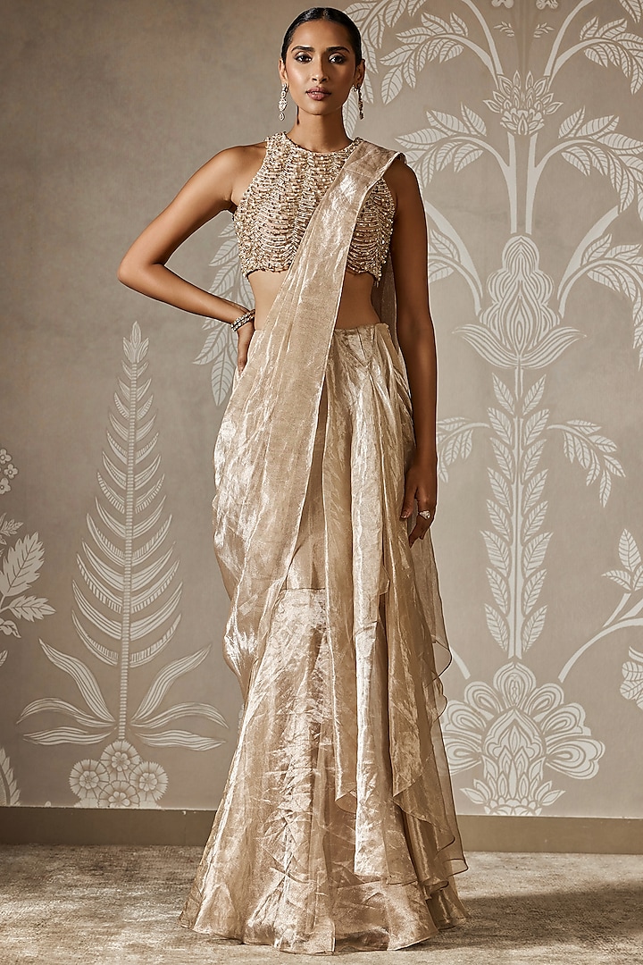 Gunmetal Gold Tissue Draped Saree Set by Ridhi Mehra at Pernia's Pop Up Shop