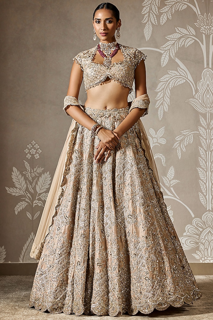 Champagne Raw Silk Embroidered Bridal Lehenga Set by Ridhi Mehra at Pernia's Pop Up Shop