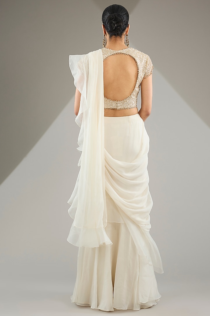 Ivory Chiffon Organza Draped Reception Saree Set by Ridhi Mehra at Pernia's Pop Up Shop